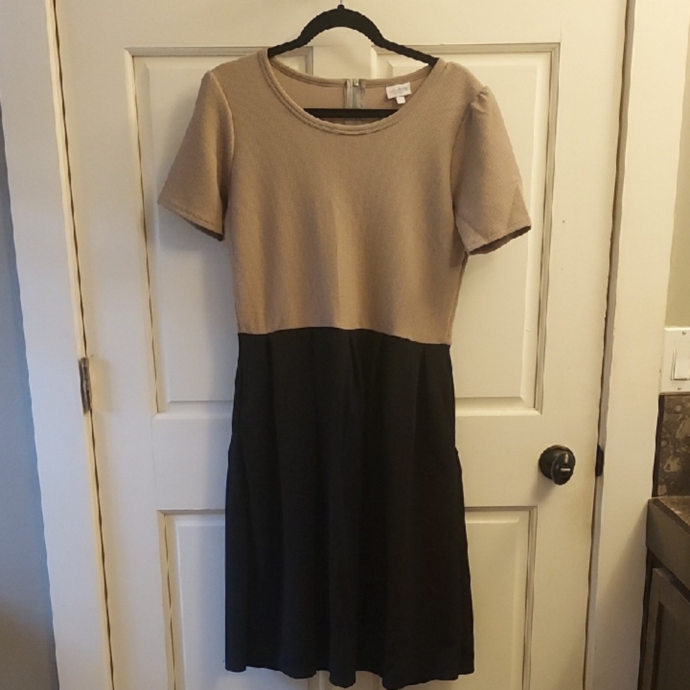 LuLaRoe AMELIA Tan and Black Fit and Flare Midi Dress Crew Neck